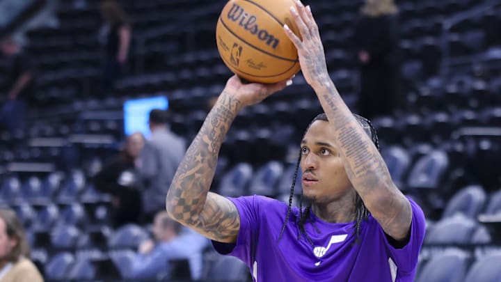 Mar 18, 2024; Salt Lake City, Utah, USA; Utah Jazz guard Jordan Clarkson (00) warms up before the