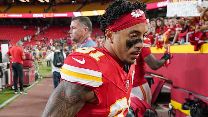 Aug 22, 2024; Kansas City, Missouri, USA; Kansas City Chiefs wide receiver Nikko Remigio (81) leaves the field after the game against the Chicago Bears at GEHA Field at Arrowhead Stadium. Mandatory Credit: Denny Medley-Imagn Images