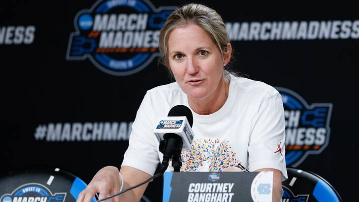 Mar 26, 2026; Fort Worth, TX, USA;  North Carolina Tar Heels head coach Courtney Banghart speaks during a press conference ahead ofÊthe women's 2026 NCAA Tournament at Dickies Arena. Mandatory Credit: Chris Jones-Imagn Images