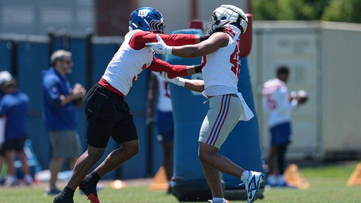 Jun 3, 2026; East Rutherford, NJ, USA; New York Giants linebacker Abdul Carter (3) and linebacker Trace Ford (48) participates in drills during organized team activities at Quest Diagnostics Training Center. Jun 3, 2026; East Rutherford, NJ, USA; New York Giants linebacker Abdul Carter (3) and linebacker Trace Ford (48) participates in drills during organized team activities at Quest Diagnostics Training Center.