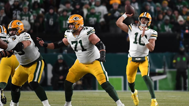 Jan 12, 2025; Philadelphia, Pennsylvania, USA; Green Bay Packers quarterback Jordan Love (10) throws a pass against the Philadelphia Eagles during the first half in an NFC wild card game at Lincoln Financial Field. Mandatory Credit: Eric Hartline-Imagn Images