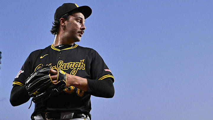 Pittsburgh Pirates starting pitcher Paul Skenes (30) walks off the field after the second inning against the St. Louis Cardinals at Busch Stadium. 