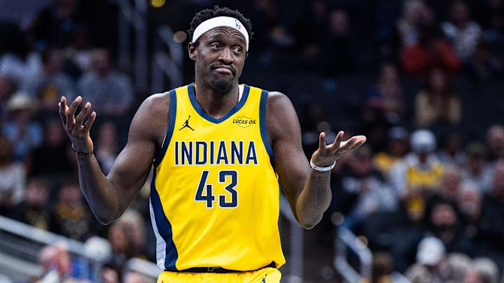 Indiana Pacers forward Pascal Siakam (43) reacts to a made basket in the first half against the Atlanta Hawks at Gainbridge Fieldhouse.