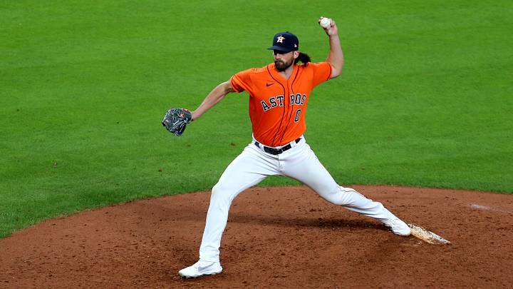 May 7, 2021; Houston, Texas, USA; Houston Astros relief pitcher Kent Emmanuel (0) delivers a pitch against the Toronto Blue Jays during the ninth inning at Minute Maid Park. Mandatory Credit: Erik Williams-USA TODAY Sports