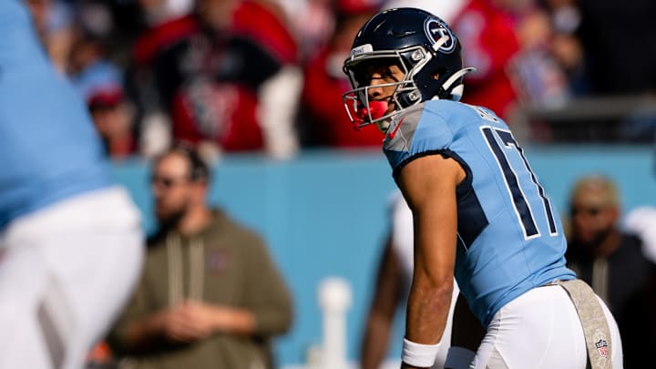 Nov 16, 2025; Nashville, Tennessee, USA;  Tennessee Titans wide receiver Chimere Dike (17) looks down the line against the Houston Texans during the first half at Nissan Stadium. Mandatory Credit: Steve Roberts-Imagn Images