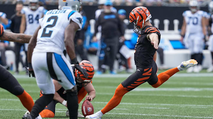 Sep 29, 2024; Charlotte, North Carolina, USA; Cincinnati Bengals place kicker Evan McPherson (2) adds a field goal during the third quarter against the Carolina Panthers at Bank of America Stadium. Mandatory Credit: Jim Dedmon-Imagn Images Sep 29, 2024; Charlotte, North Carolina, USA; Cincinnati Bengals place kicker Evan McPherson (2) adds a field goal during the third quarter against the Carolina Panthers at Bank of America Stadium. Mandatory Credit: Jim Dedmon-Imagn Images