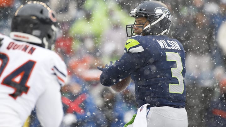 Seattle Seahawks quarterback Russell Wilson (3) looks to pass against the Chicago Bears.