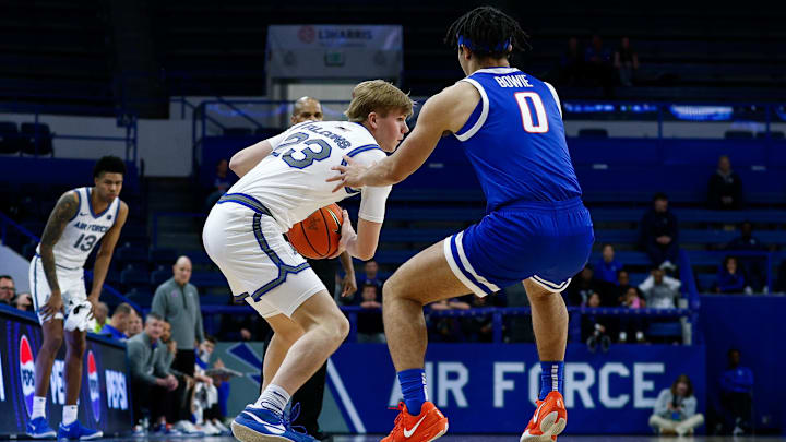 Boise State Broncos guard Julian Bowie defends. Boise State Broncos guard Julian Bowie defends.