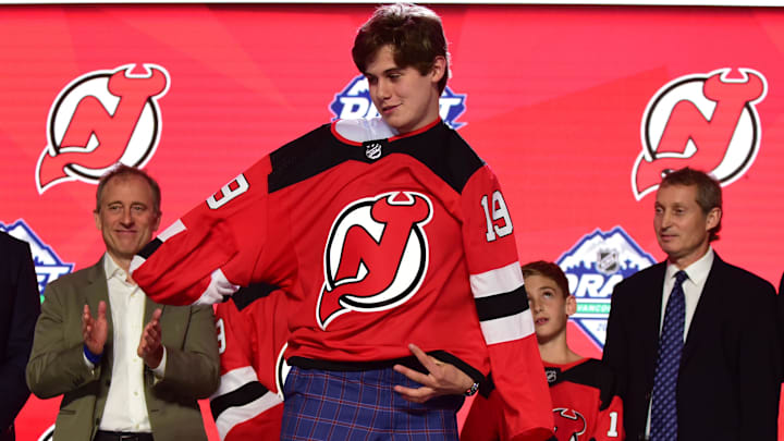 Jack Hughes after being selected as the number one overall pick to the New Jersey Devils: Anne-Marie Sorvin-Imagn Images
