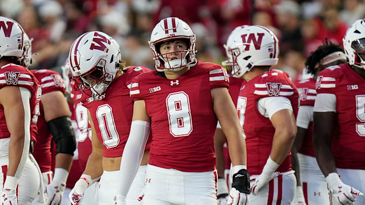 Wisconsin Badgers linebacker Mason Posa (8) is seen during the first half of the game against the Iowa Hawkeyes on Saturday October 11, 2025 at Camp Randall in Madison, Wisconsin.