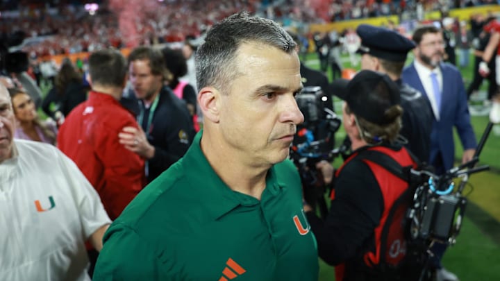 Jan 19, 2026; Miami Gardens, FL, USA; Miami Hurricanes head coach Mario Cristobal reacts after the College Football Playoff National Championship game at Hard Rock Stadium. Mandatory Credit: Mark J. Rebilas-Imagn Images