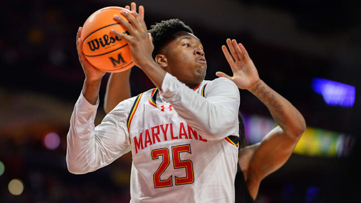 Dec 28, 2024; College Park, Maryland, USA; Maryland Terrapins center Derik Queen (25) drives to the basket against the Maryland-Eastern Shore Hawks during the second half at Xfinity Center. Mandatory Credit: Reggie Hildred-Imagn Images