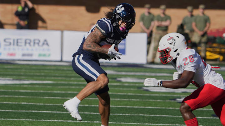 Mt West Football Utah State and New Mexico October 19 2024: Aggies wide receiver Kyrese White (23) in action during the game with New Mexico Lobos and Utah State held at Merlin Olson Field in Logan Ut. David Seelig Cal Medi(Credit Image: Ã‚Â David Seelig Cal Sport Media Cal Sport Media) (Credit Image: Â David Seelig Cal Sport Media Cal Sport Media) Logan Utah USA EDITORIAL USE ONLY 