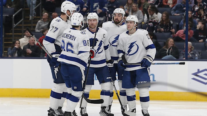 Feb 10, 2024; Columbus, Ohio, USA; Tampa Bay Lightning center Steven Stamkos (91) celebrates his