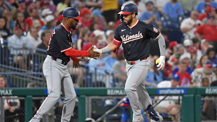 Apr 29, 2025; Philadelphia, Pennsylvania, USA; Washington Nationals second base Luis García Jr. (2) celebrates his home run with third base coach Ricky Gutierrez (12) during the sixth inning against the Philadelphia Phillies at Citizens Bank Park.