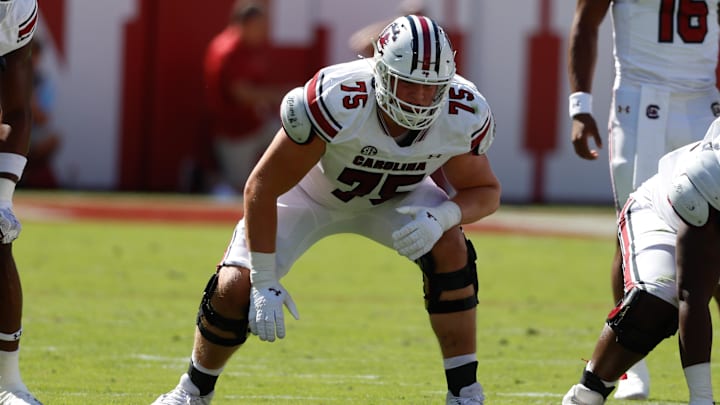 Oct 12, 2024; Tuscaloosa, Alabama, USA;  South Carolina Gamecocks offensive lineman Cason Henry (75) during the first half at Bryant-Denny Stadium. Mandatory Credit: Butch Dill-Imagn Images