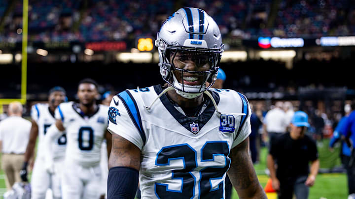 Sep 8, 2024; New Orleans, Louisiana, USA;  Carolina Panthers cornerback Lonnie Johnson Jr. (32) walks off the field before the game against the New Orleans Saints  at Caesars Superdome. Mandatory Credit: Stephen Lew-Imagn Images