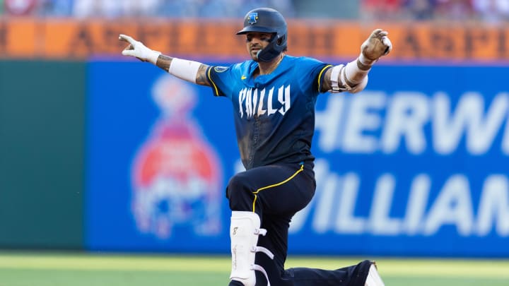 May 31, 2024; Philadelphia, Pennsylvania, USA; Philadelphia Phillies outfielder Nick Castellanos (8) reacts after hitting a double during the second inning against the St. Louis Cardinals at Citizens Bank Park