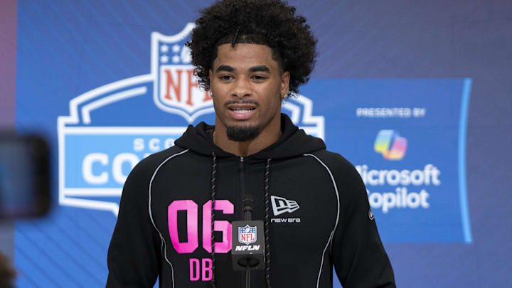 LSU defensive back Mansoor Delane speaks to media members during the NFL Combine.