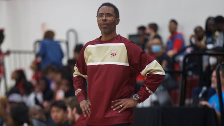 Florida High head coach Charlie Ward looks on from the sidelines in a game between Florida High and Andrew Jackson on Jan. 21, 2023, at Florida High. The Seminoles won 56-40.

J9t2336