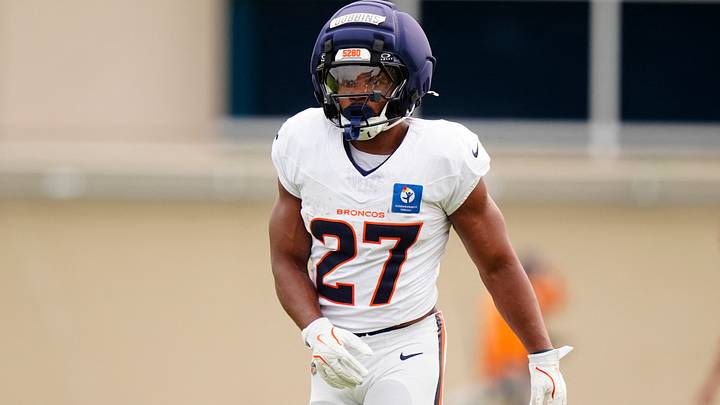 Aug 3, 2026; Englewood, CO, USA; Denver Broncos running back J.K. Dobbins (27) during training camp at Broncos Park. Mandatory Credit: Ron Chenoy-Imagn Images