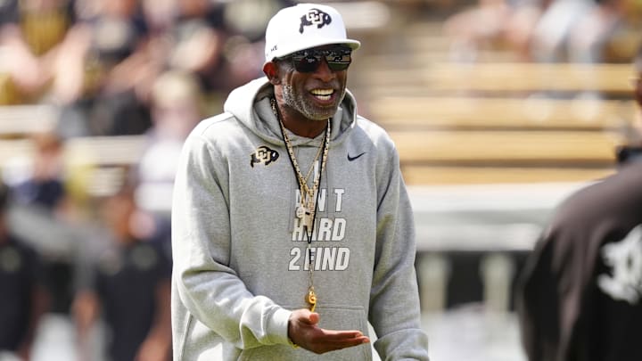 Sep 6, 2025; Boulder, Colorado, USA; Colorado Buffaloes head coach Deion Sanders before the game against the Delaware Fightin Blue Hens at Folsom Field. Mandatory Credit: Ron Chenoy-Imagn Images