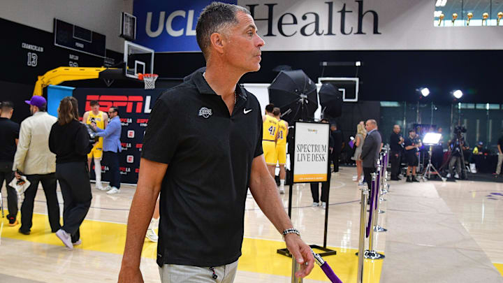 Sep 29, 2025; Los Angeles, CA, USA; Los Angeles Lakers president of basketball operations and general manager Rob Pelinka during media day at UCLA Health Training Center. Mandatory Credit: Gary A. Vasquez-Imagn Images