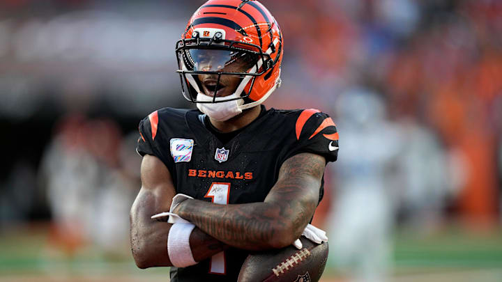 Cincinnati Bengals wide receiver Ja'Marr Chase (1) celebrates his 2nd touchdown in the 4th quarter over the Detroit Lions at Paycor Stadium on October 5, 2025. The Bengals lost 24-37.