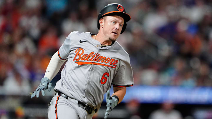 Aug 19, 2024; New York City, New York, USA; Baltimore Orioles first baseman Ryan Mountcastle (6) runs out a double against the New York Mets during the seventh inning at Citi Field. 