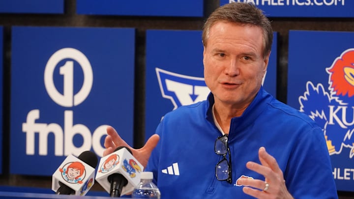 Kansas Jayhawks head coach Bill Self talks to media following the game against Houston Cougars inside Allen Fieldhouse on Monday, Feb. 23, 2026.