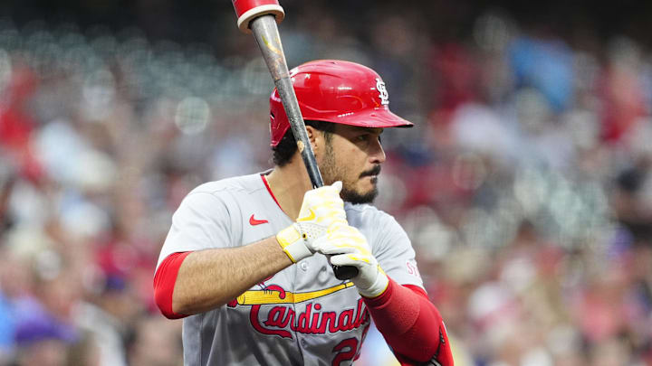 St. Louis Cardinals third baseman Nolan Arenado (28) on deck in the first inning against the Colorado Rockies at Coors Field. St. Louis Cardinals third baseman Nolan Arenado (28) on deck in the first inning against the Colorado Rockies at Coors Field.