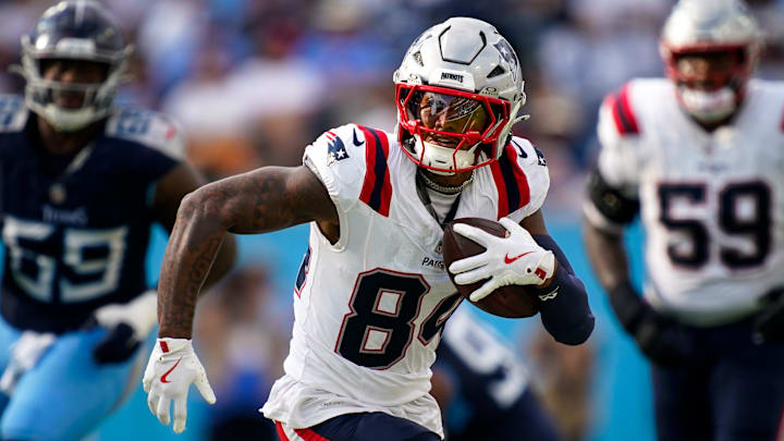 New England Patriots wide receiver Kendrick Bourne (84) runs the ball against the Tennessee Titans during the fourth quarter at Nissan Stadium in Nashville, Tenn., Sunday, Nov. 3, 2024.