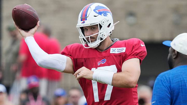 Bills quarterback Josh Allen throws during position drills during the final day of Buffalo Bills training camp at St. John Fisher University Friday, August 7, 2026 in Pittsford. Bills quarterback Josh Allen throws during position drills during the final day of Buffalo Bills training camp at St. John Fisher University Friday, August 7, 2026 in Pittsford.