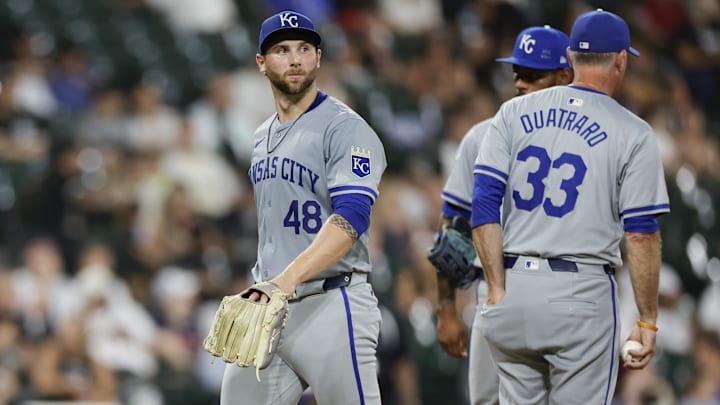 Jul 28, 2024; Chicago, Illinois, USA; Kansas City Royals starting pitcher Alec Marsh (48) leaves a baseball game against the Chicago White Sox during the fifth inning at Guaranteed Rate Field.