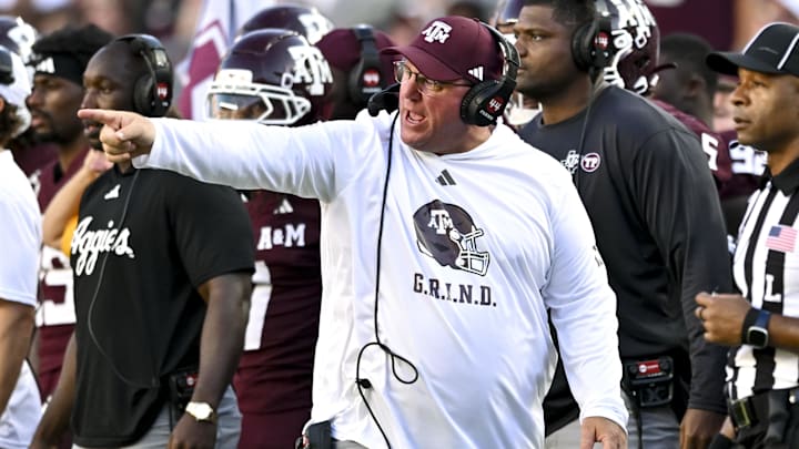 Sep 27, 2025; College Station, Texas, USA; Texas A&M Aggies head coach Mike Elko reacts against the Auburn Tigers during the fourth quarter at Kyle Field. Mandatory Credit: Maria Lysaker-Imagn Images 