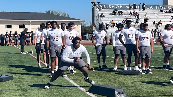 Cardinal Mooney offensive lineman Da'Ron Parks in individual drills during the Under Armour Next camp on Sunday, Feb. 23 at Bishop Moore High School in Orlando.
