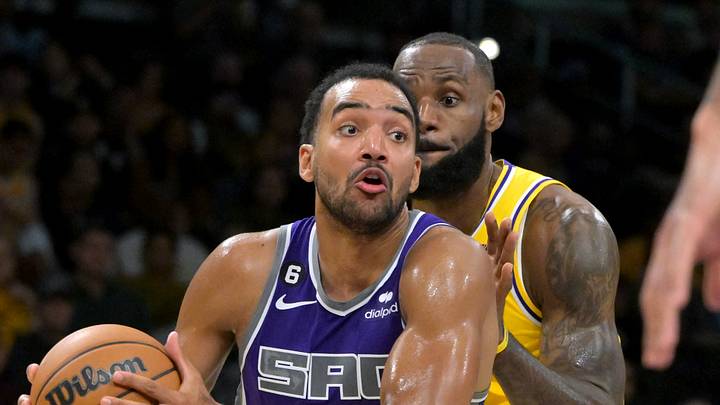 Oct 3, 2022; Los Angeles, California, USA; Los Angeles Lakers forward LeBron James (6) defends Sacramento Kings forward Trey Lyles (41) as he drives to the basket in the first half at Crypto.com Arena. Mandatory Credit: Jayne Kamin-Oncea-USA TODAY Sports Oct 3, 2022; Los Angeles, California, USA; Los Angeles Lakers forward LeBron James (6) defends Sacramento Kings forward Trey Lyles (41) as he drives to the basket in the first half at Crypto.com Arena. Mandatory Credit: Jayne Kamin-Oncea-USA TODAY Sports