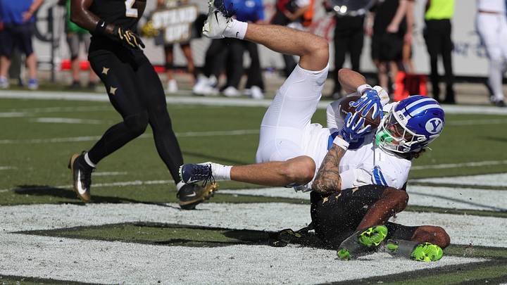 Oct 24, 2026; Orlando, Florida, USA;  Brigham Young Cougars wide receiver Kyler Kasper (3) makes a touchdown catch against the Central Florida Knights during the first quarter at Acrisure Bounce House.  Mandatory Credit: Mike Watters-Imagn Images
