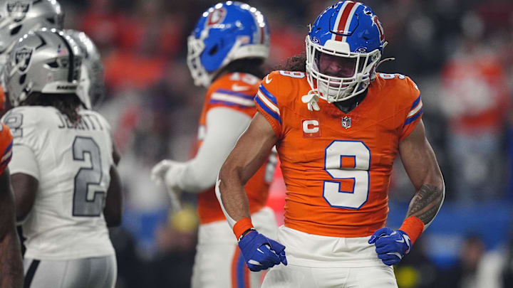 Nov 6, 2025; Denver, Colorado, USA; Denver Broncos safety Talanoa Hufanga (9) reacts against the Las Vegas Raiders during the first half at Empower Field at Mile High. Mandatory Credit: Ron Chenoy-Imagn Images Nov 6, 2025; Denver, Colorado, USA; Denver Broncos safety Talanoa Hufanga (9) reacts against the Las Vegas Raiders during the first half at Empower Field at Mile High. Mandatory Credit: Ron Chenoy-Imagn Images