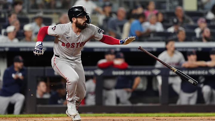 Sep 12, 2024; Bronx, New York, USA; Boston Red Sox first baseman Connor Wong (12) runs out a double against the New York Yankees during the second inning at Yankee Stadium. Mandatory Credit: Gregory Fisher-Imagn Images Sep 12, 2024; Bronx, New York, USA; Boston Red Sox first baseman Connor Wong (12) runs out a double against the New York Yankees during the second inning at Yankee Stadium. Mandatory Credit: Gregory Fisher-Imagn Images