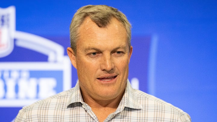 Feb 27, 2024; Indianapolis, IN, USA; San Francisco 49ers  general manager John Lynch talks to the