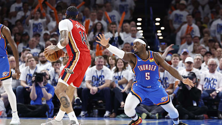 Apr 24, 2024; Oklahoma City, Oklahoma, USA; Oklahoma City Thunder guard Luguentz Dort (5) defends