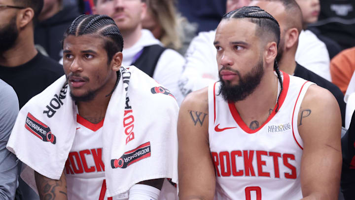 Feb 22, 2025; Salt Lake City, Utah, USA; Houston Rockets guard Jalen Green (4) and forward Dillon Brooks (9) watch play against the Utah Jazz from the bench during the first half at Delta Center. Mandatory Credit: Rob Gray-Imagn Images Feb 22, 2025; Salt Lake City, Utah, USA; Houston Rockets guard Jalen Green (4) and forward Dillon Brooks (9) watch play against the Utah Jazz from the bench during the first half at Delta Center. Mandatory Credit: Rob Gray-Imagn Images