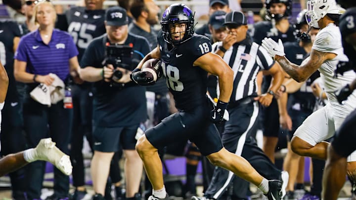 Sep 14, 2024; Fort Worth, Texas, USA; TCU Horned Frogs wide receiver Jack Bech (18) runs down the sideline during the fourth quarter against the UCF Knights at Amon G. Carter Stadium. Mandatory Credit: Andrew Dieb-Imagn Images Sep 14, 2024; Fort Worth, Texas, USA; TCU Horned Frogs wide receiver Jack Bech (18) runs down the sideline during the fourth quarter against the UCF Knights at Amon G. Carter Stadium. Mandatory Credit: Andrew Dieb-Imagn Images