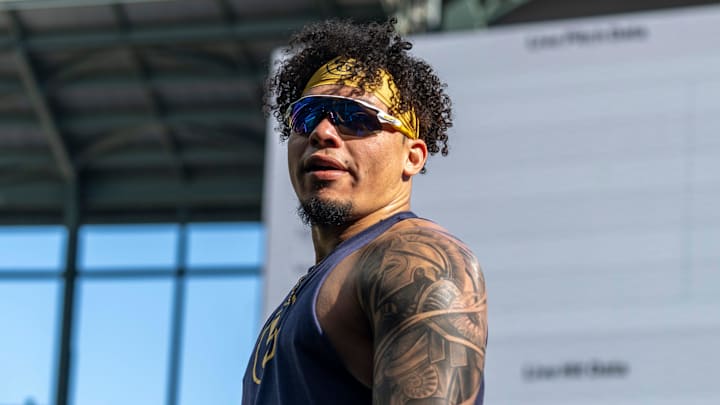 Milwaukee Brewers catcher William Contreras (24) is seen during the Milwaukee Brewers open workout ahead of the National League Division Series on Tuesday September 30, 2025 at American Family Field in Milwaukee, Wisconsin.