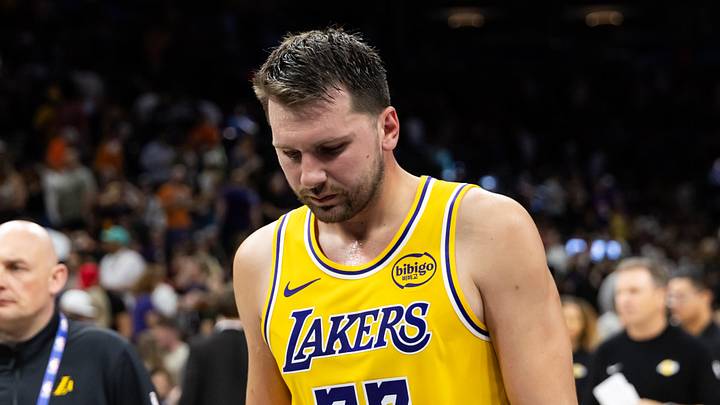 Feb 26, 2026; Phoenix, Arizona, USA; Los Angeles Lakers guard Luka Doncic (77) reacts against the Phoenix Suns at Mortgage Matchup Center. Mandatory Credit: Mark J. Rebilas-Imagn Images Feb 26, 2026; Phoenix, Arizona, USA; Los Angeles Lakers guard Luka Doncic (77) reacts against the Phoenix Suns at Mortgage Matchup Center. Mandatory Credit: Mark J. Rebilas-Imagn Images
