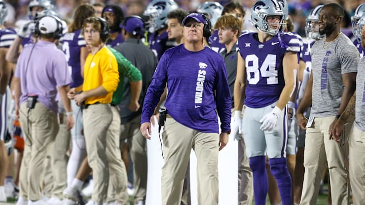 Sep 13, 2024; Manhattan, Kansas, USA; Kansas State Wildcats head coach Chris Klieman looks at the scoreboard during the fourth quarter against the Arizona Wildcats at Bill Snyder Family Football Stadium. Mandatory Credit: Scott Sewell-Imagn Images