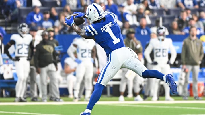 Oct 26, 2025; Indianapolis, Indiana, USA; Indianapolis Colts wide receiver Josh Downs (1) makes a catch during the first quarter against the Tennessee Titans at Lucas Oil Stadium. Mandatory Credit: Robert Goddin-Imagn Images