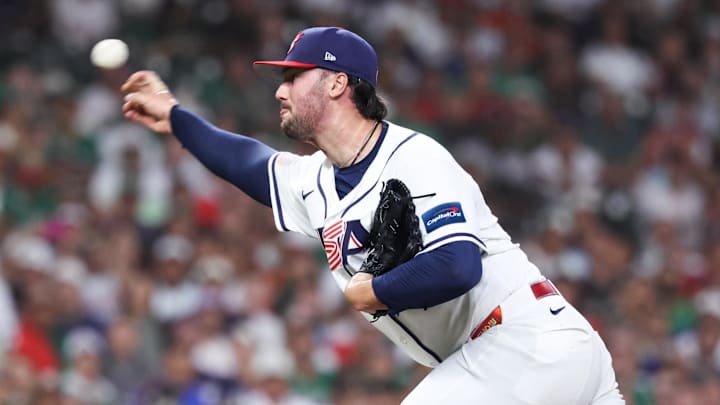 Mar 9, 2026; Houston, TX, United States; United States pitcher Paul Skenes (30) delivers a pitch in the first inning against Mexico at Daikin Park. Mandatory Credit: Troy Taormina-Imagn Images