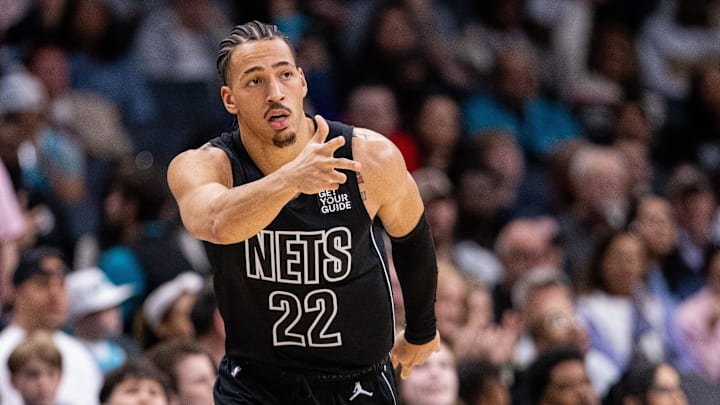Mar 8, 2025; Charlotte, North Carolina, USA; Brooklyn Nets forward Jalen Wilson (22) celebrates a three point basket against the Charlotte Hornets during the third quarter at Spectrum Center. Mandatory Credit: Scott Kinser-Imagn Images Mar 8, 2025; Charlotte, North Carolina, USA; Brooklyn Nets forward Jalen Wilson (22) celebrates a three point basket against the Charlotte Hornets during the third quarter at Spectrum Center. Mandatory Credit: Scott Kinser-Imagn Images